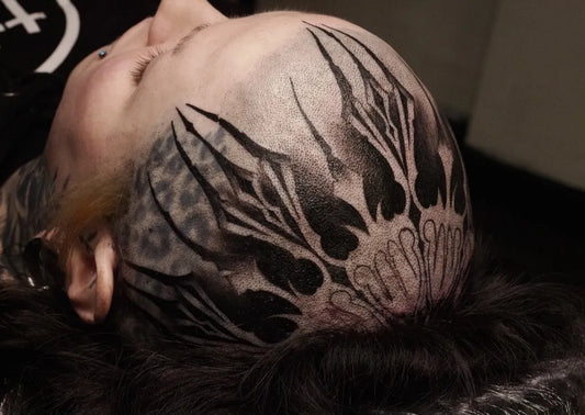 Big Blackwork SpikyBranches Tattoo on Men Head by @peaches_ink_