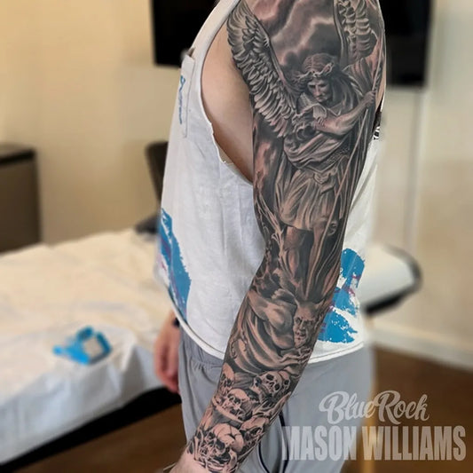 Big Blackwork St Michael Angel Tattoo on Men Arm by @bluerocktattoo