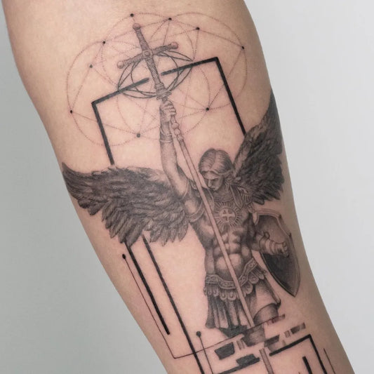 Big Blackwork St Michael Angel Tattoo on Men Arm by @joeysneedle