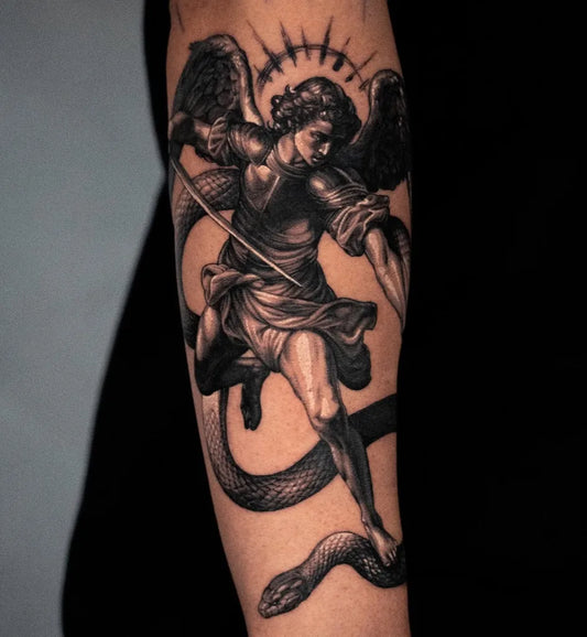Big Blackwork St Michael Slaying Dragon Tattoo on Men Arm by @g.yawny