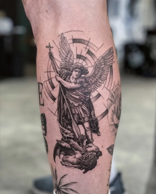 Big Blackwork St Michael Slaying Dragon Tattoo on Men Leg by @paintedsoularts
