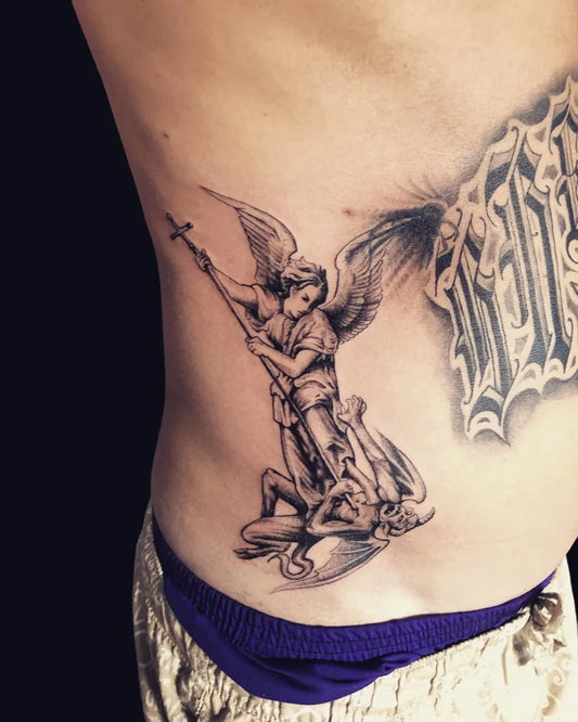Big Blackwork St Michael Slaying Dragon Tattoo on Men Side by @ldl_kohlanta