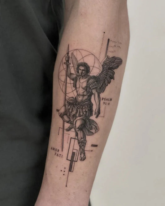 Big Blackwork StMichael Geometric Armour Tattoo on Men Arm by @zeke.tattoo