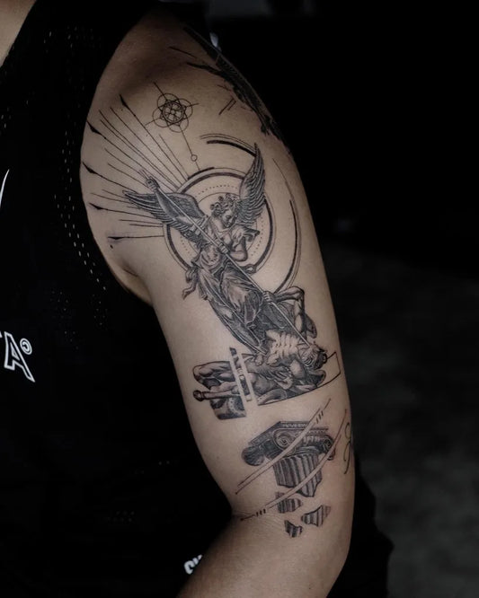 Big Blackwork StMichael Skull Tattoo on Men Arm by @dennisleetattoo