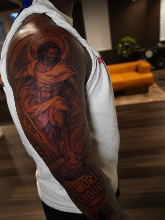 Big Blackwork StMichael and Angel Tattoo on Men Arm by @16th.rich