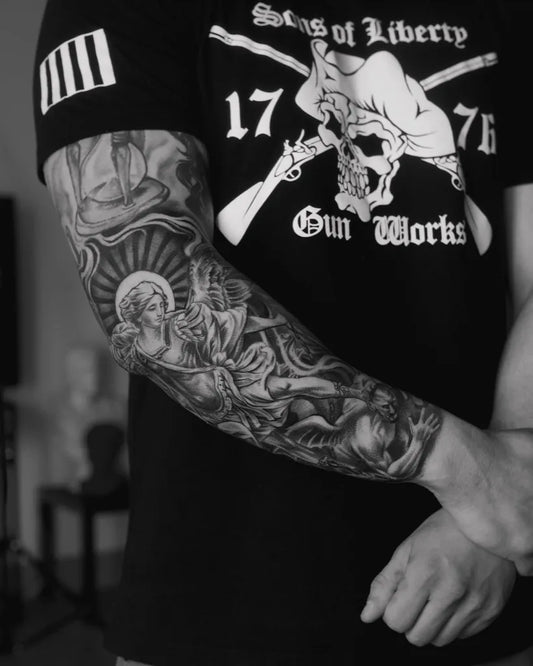 Big Blackwork StMichaelAngel Tattoo on Men Arm by @aarontorrestattoo