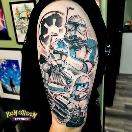Big Blackwork Star Wars Clone Troopers Tattoo on Men Shoulder by @kengreentats