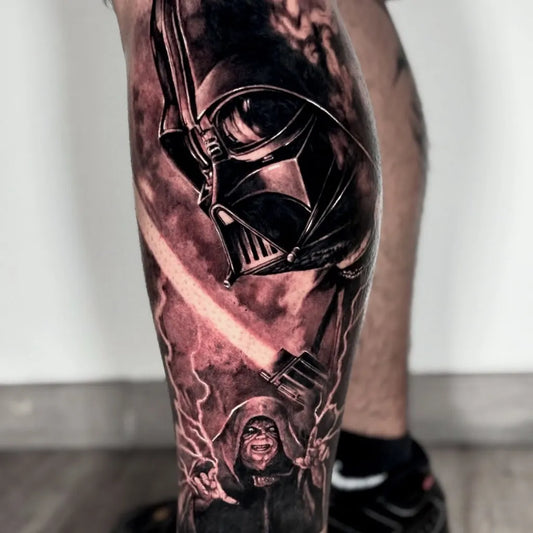Big Blackwork Star Wars Darth Vader Palpatine Tattoo on Men Leg by @god.is.art.tattoo