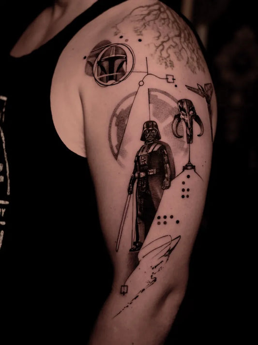 Big Blackwork Star Wars Darth Vader and Mandalorian Tattoo on Men Upper Arm by @markd_tattoo