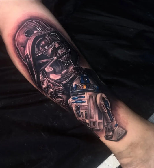 Big Blackwork Star Wars Darth Vader and R2D2 Tattoo on Men Arm by @tordor_tattoos