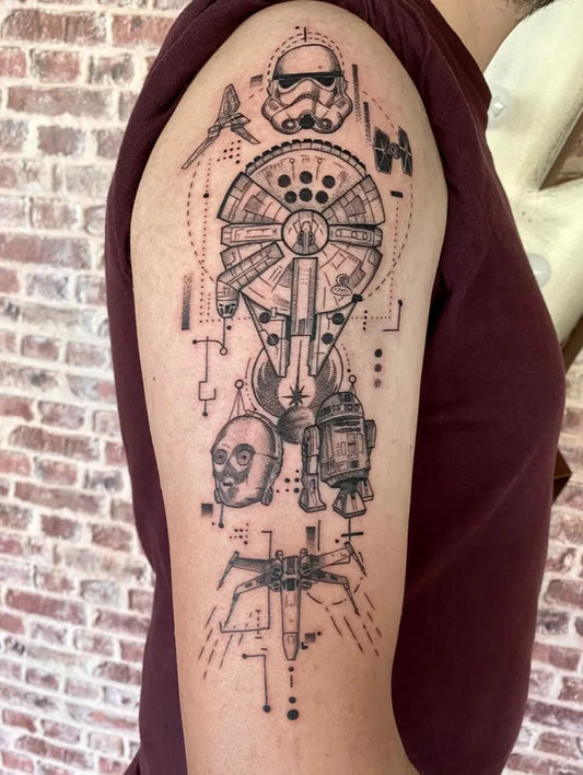 Big Blackwork Star Wars Spaceships and Droids Tattoo on Women Arm by @franciscosfontes