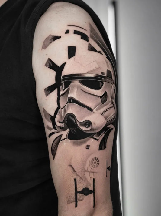 Big Blackwork Star Wars Stormtrooper Tattoo on Men Upper Arm by @black.minimal.ta