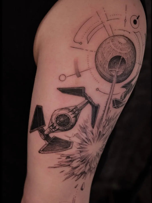 Big Blackwork Star Wars TIE Fighter Tattoo on Men Arm by @shum_tattooing