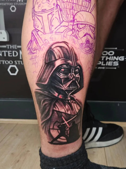 Big Blackwork Star Wars Vader Tattoo on Men Leg by @dcginge.tattoo