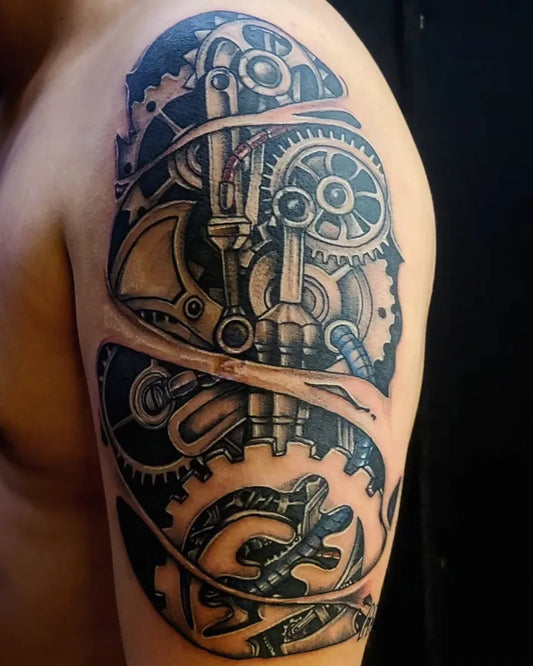 Big Blackwork Steampunk Gears Tattoo on Men Upper Arm by @enkhnaran_bilegt