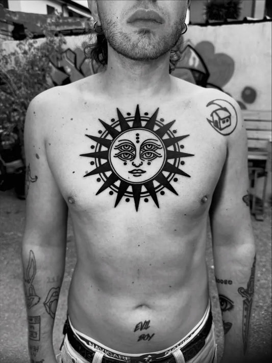 Big Blackwork Sun and Crescent on Men Chest Tattoo by @luxotattoox