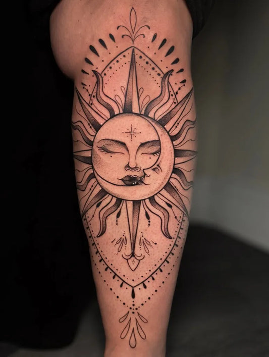 Big Blackwork Sun and Moon and Mandala on Women Thigh Tattoo by @liv_sunniva