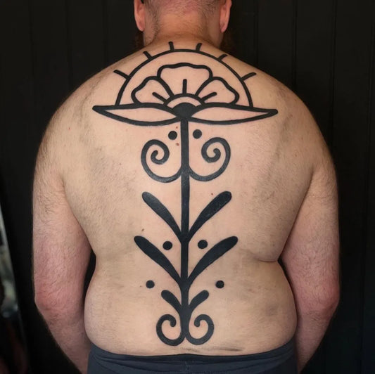 Big Blackwork Sunflower Tree on Men Back Tattoo by @moodycowtattoo