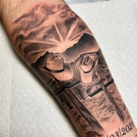 Big Blackwork Sunset Hats Cross on Men Arm Tattoo by @iglesiastattoos