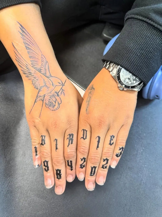 Big Blackwork Swallow Bird and Finger Numbers on Women Hands Tattoo by @rickybetattin