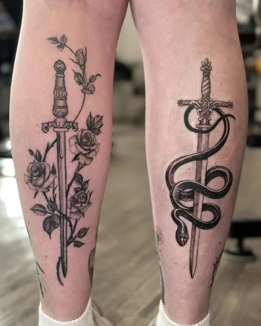 Big Blackwork Sword and Rose Tattoo on Men Calf by @ink_obsession