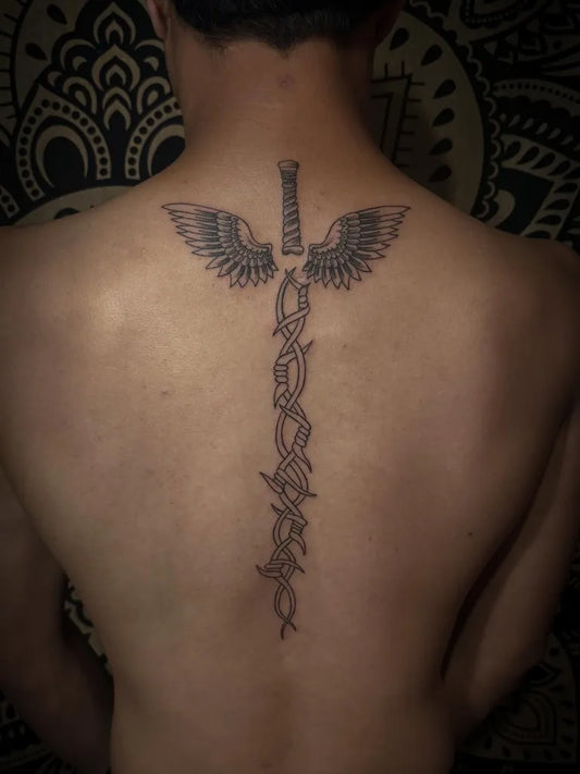 Big Blackwork Sword with Wings and Barbed Wire on Men Back Tattoo by @amen.inkzonektm_