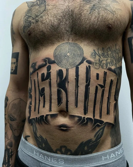 Big Blackwork Text and Record Tattoo on Men Stomach by @thirdwun
