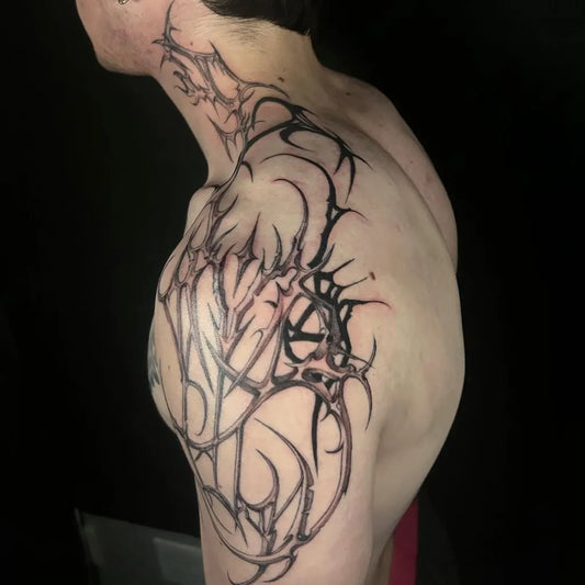 Big Blackwork Thorns Tattoo on Men Shoulder by @deadkaylietattoo