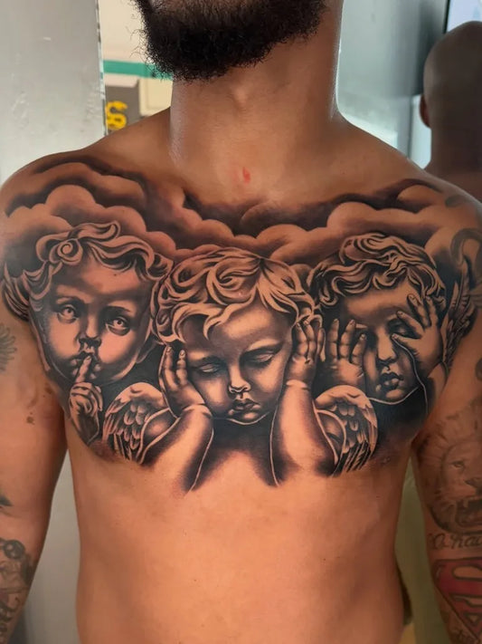 Big Blackwork Three Angels on Men Chest Tattoo by @ink_by_cy