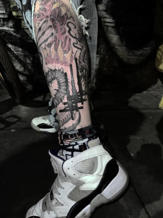 Big Blackwork Three Crosses and Dragon Tattoo on Men Leg by @sohelpmegawd