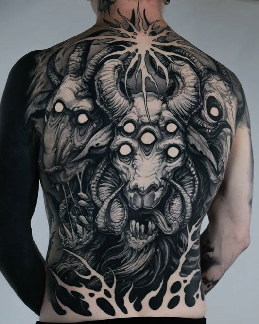 Big Blackwork Three Headed Goat Demon on Men Back Tattoo by @sootskin