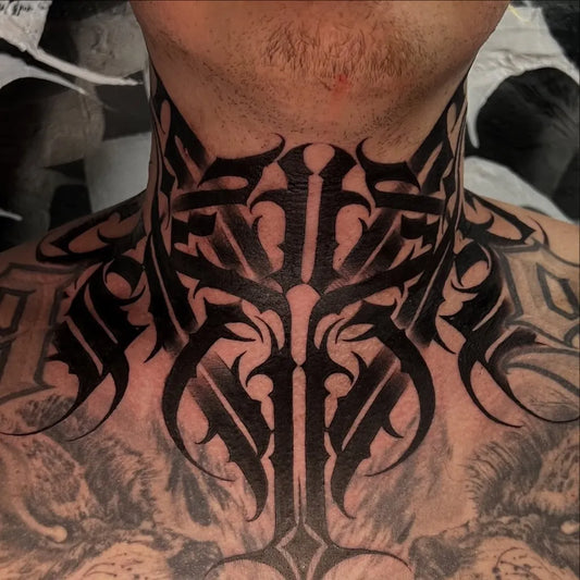 Big Blackwork Throat Design on Men Neck Tattoo by @hamstattoos