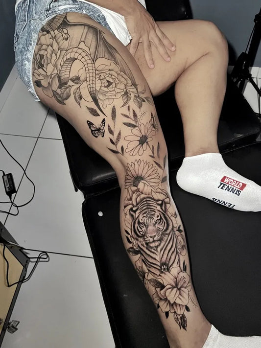 Big Blackwork Tiger Dragon Flowers on Women Leg Tattoo by @paulocardosotatuador