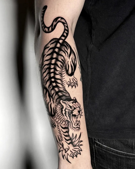 Big Blackwork Tiger Men Arm Tattoo by @maia_forster
