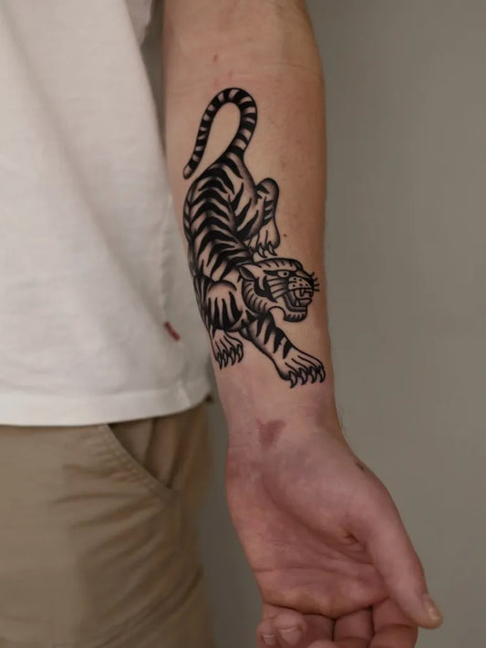 Big Blackwork Tiger Men Arm Tattoo by @tommytraditional