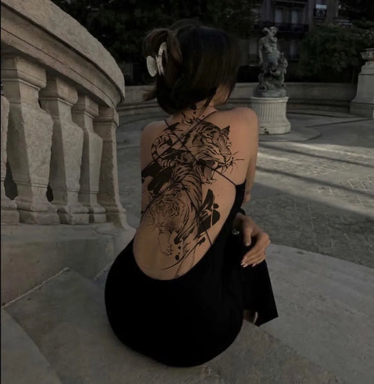 Big Blackwork Tiger Rose Flowers on Women Back Tattoo by @tattooist_ryu_hwa