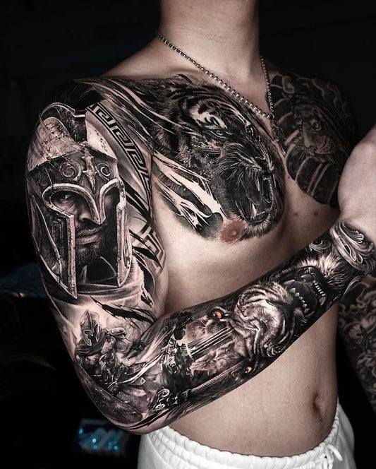 Big Blackwork Tiger Warrior on Men Chest Tattoo by @yongya_tattoo