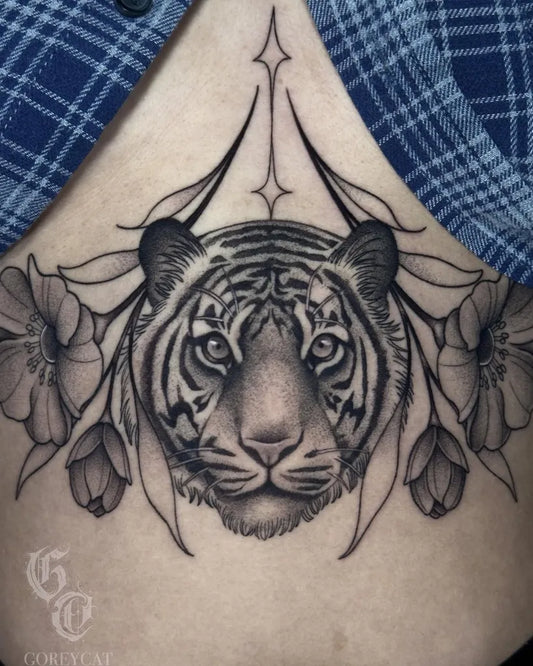 Big Blackwork Tiger and Hibiscus on Women Sternum Tattoo by @goreycat