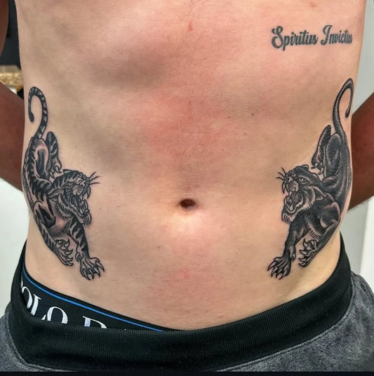 Big Blackwork Tiger and Panther Tattoo on Men Stomach by @stonesthrowtattoo
