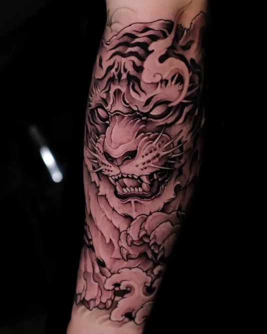 Big Blackwork Tiger on Men Arm Tattoo by @jasonlau_tattoo