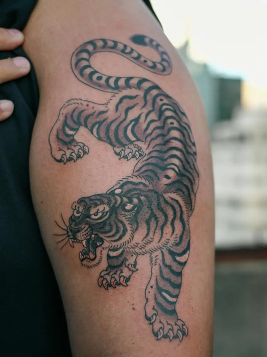 Big Blackwork Tiger on Men Arm Tattoo by @mkamtattoo
