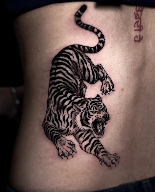 Big Blackwork Tiger with Sanskrit Script on Women Back Tattoo by @pgcosta.ink