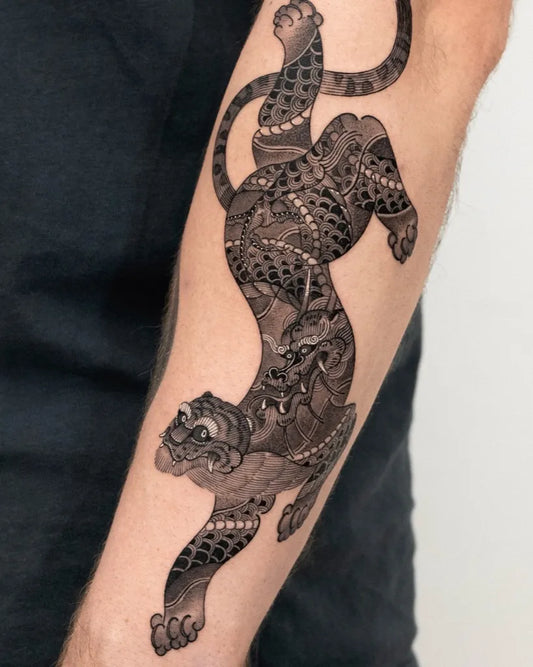 Big Blackwork Tiger with intricate patterns on Men Arm Tattoo by @dokgonoing