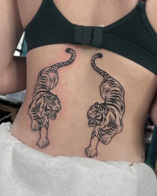 Big Blackwork Tigers on Women Back Tattoo by @delboitattoos