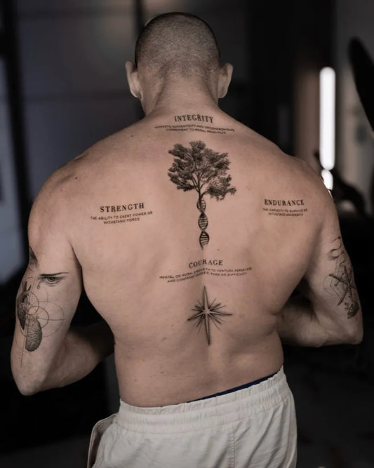 Big Blackwork Tree Compass Integrity on Men Back Tattoo by @gab7sz