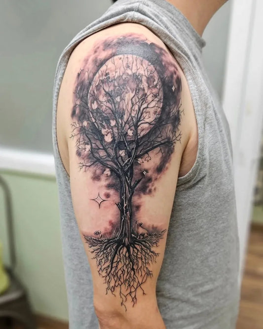 Big Blackwork Tree Moon on Men Shoulder Tattoo by @colatherockstar