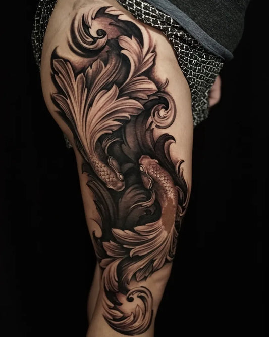 Big Blackwork Twin Koi and Ornamental Leaves Tattoo on Women Thigh by @jamesstrickland
