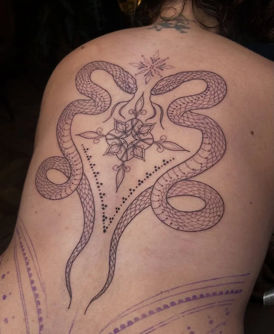 Big Blackwork Twin Serpents and Mandala on Women Back Tattoo by @ellarosetattoos