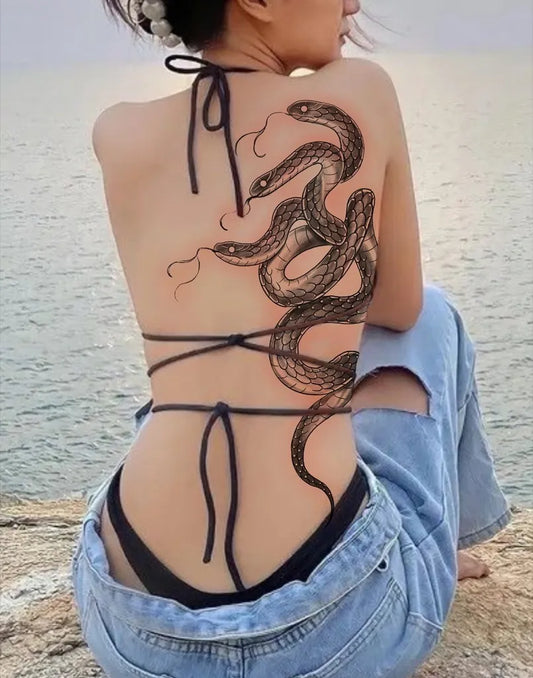 Big Blackwork Twin Snakes on Women Back Tattoo by @tattooist_ryu_hwa