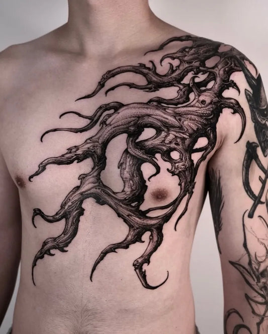 Big Blackwork Twisted Tree on Men Chest Tattoo by @tattooculturemag
